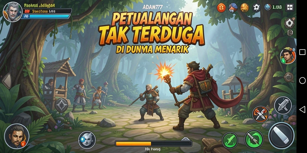 Screenshot gameplay ADAM77 menampilkan karakter berpetualang di lingkungan yang memukau.