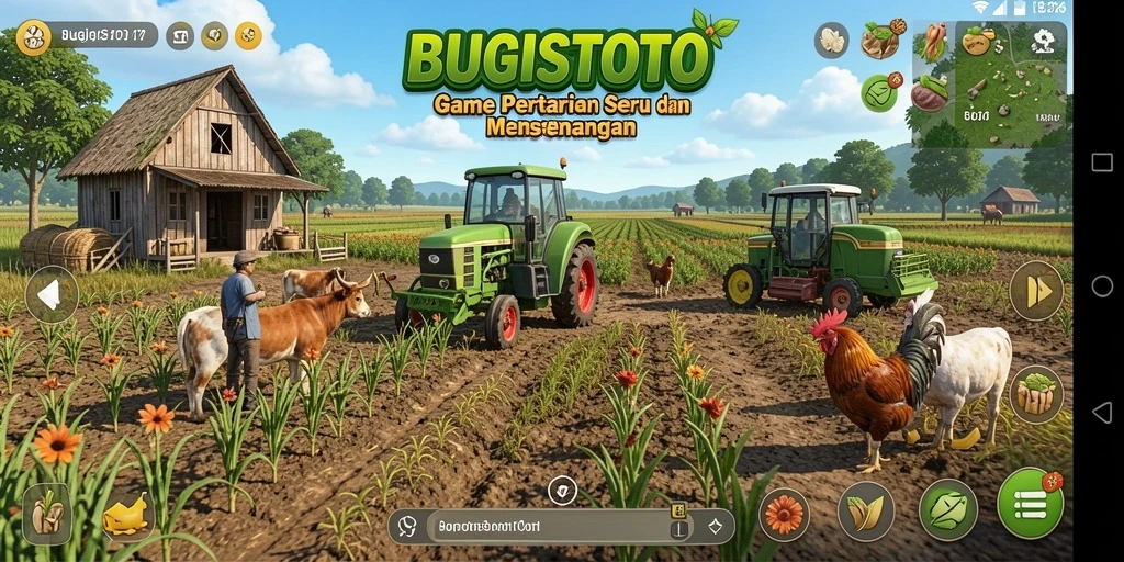 Screenshot gameplay <strong>BUGISTOTO</strong> menampilkan ladang hijau subur dan hewan ternak yang bahagia.