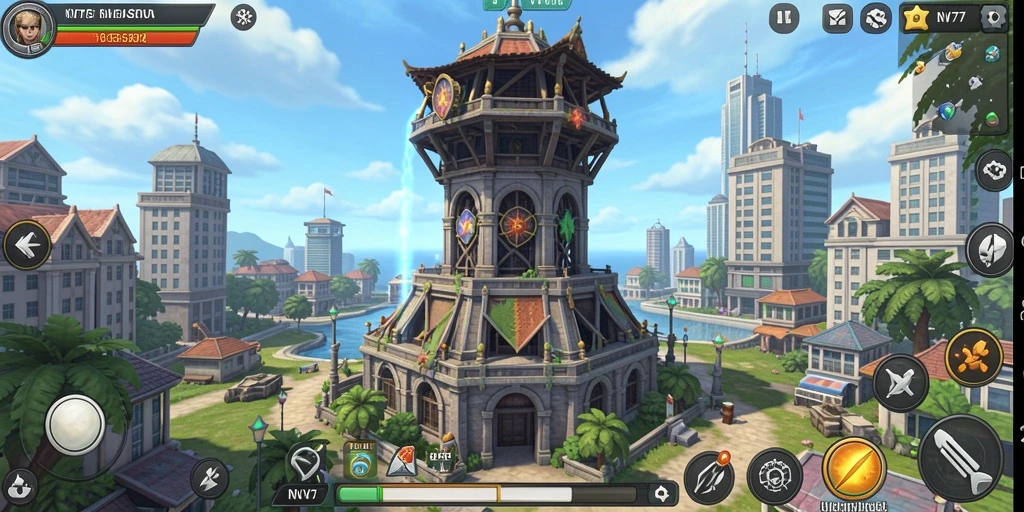 Screenshot gameplay NV77 menampilkan menara yang siap menghadapi serangan musuh.