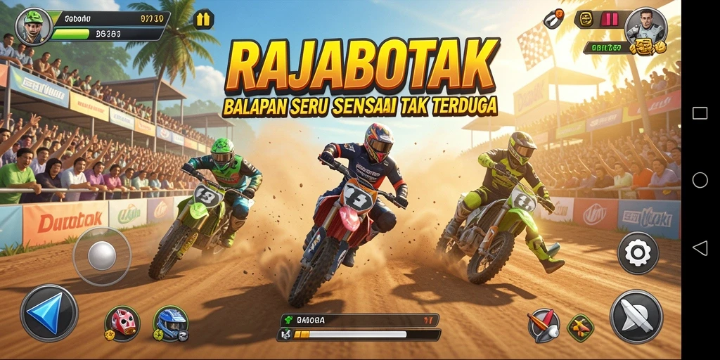 Screenshot utama RAJABOTAK menampilkan momen balapan yang mendebarkan.