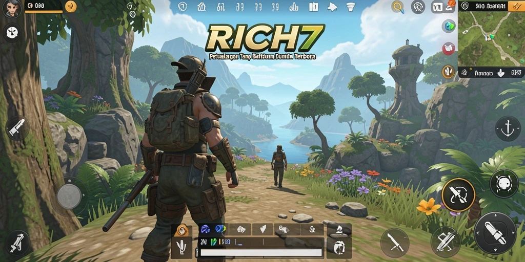 Screenshot gameplay RICH7 dengan berbagai lokasi terbuka yang menarik.